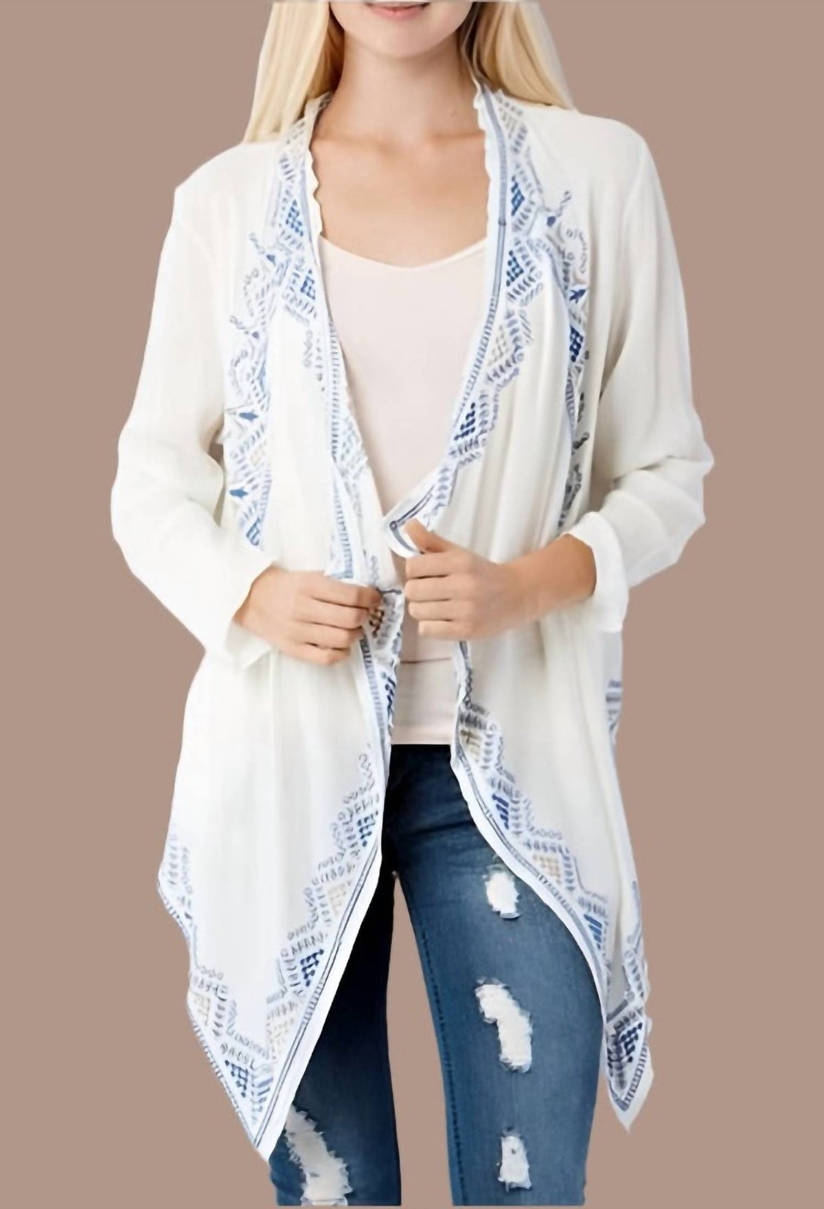 Entro - Embroidered Front Drape Cardigan