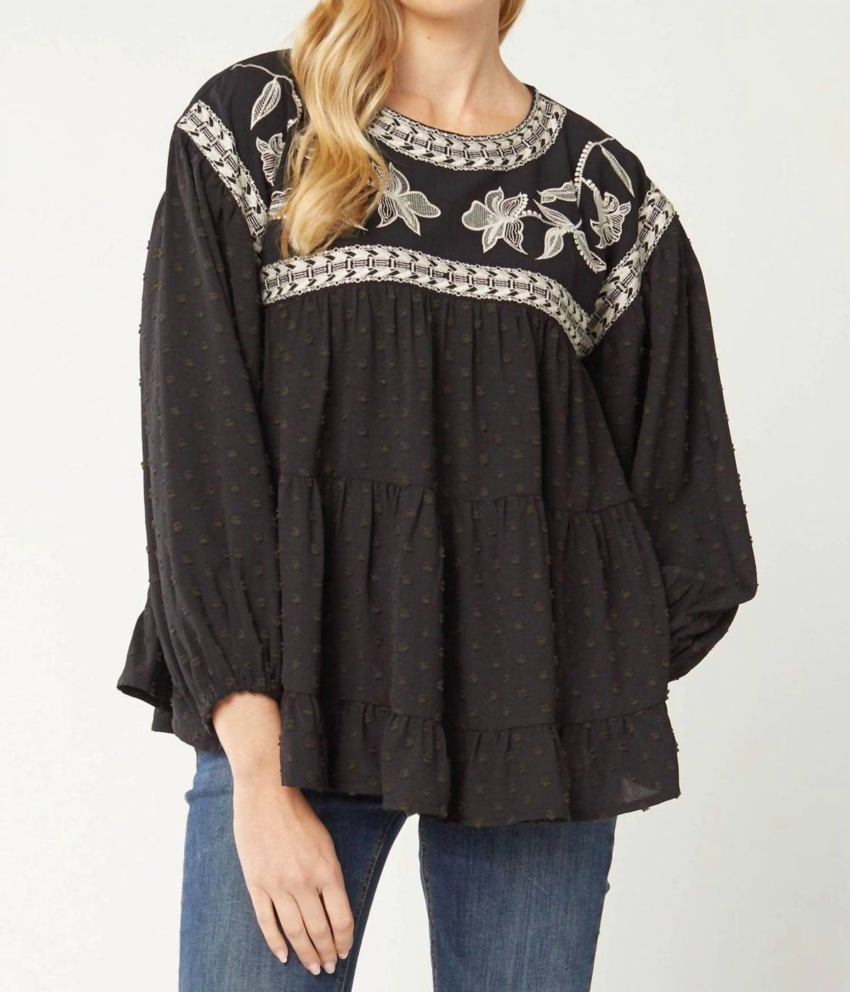 Entro - Embroidered Swiss Dot Blouse
