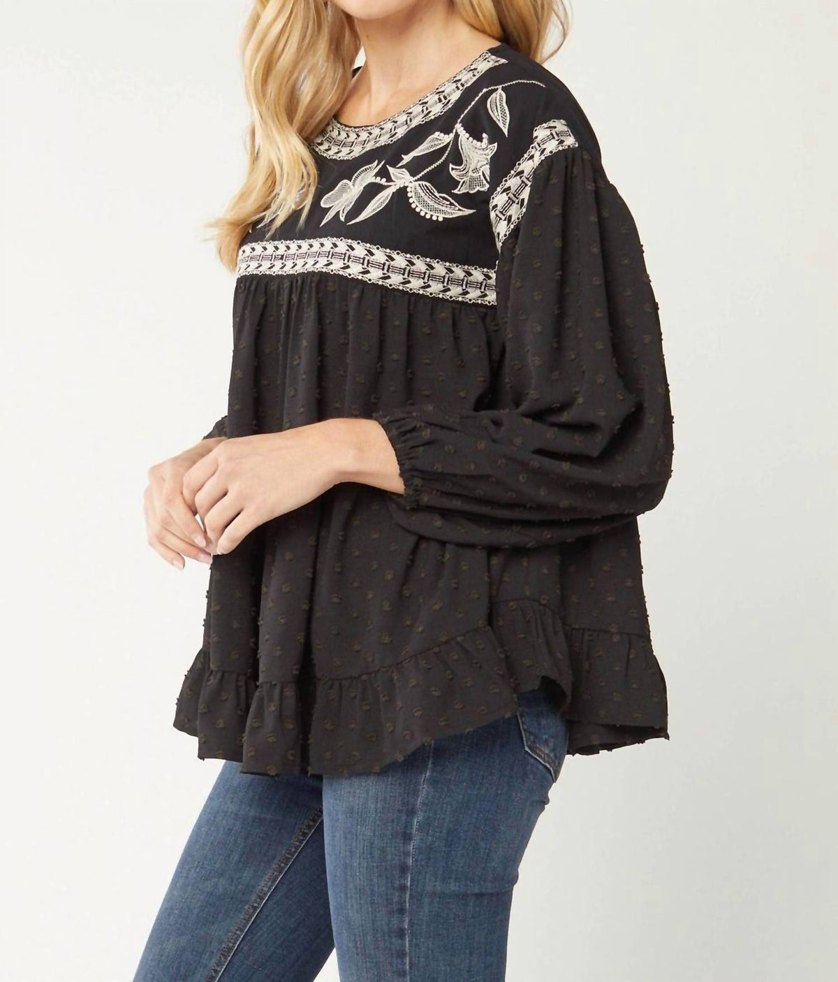 Entro - Embroidered Swiss Dot Blouse