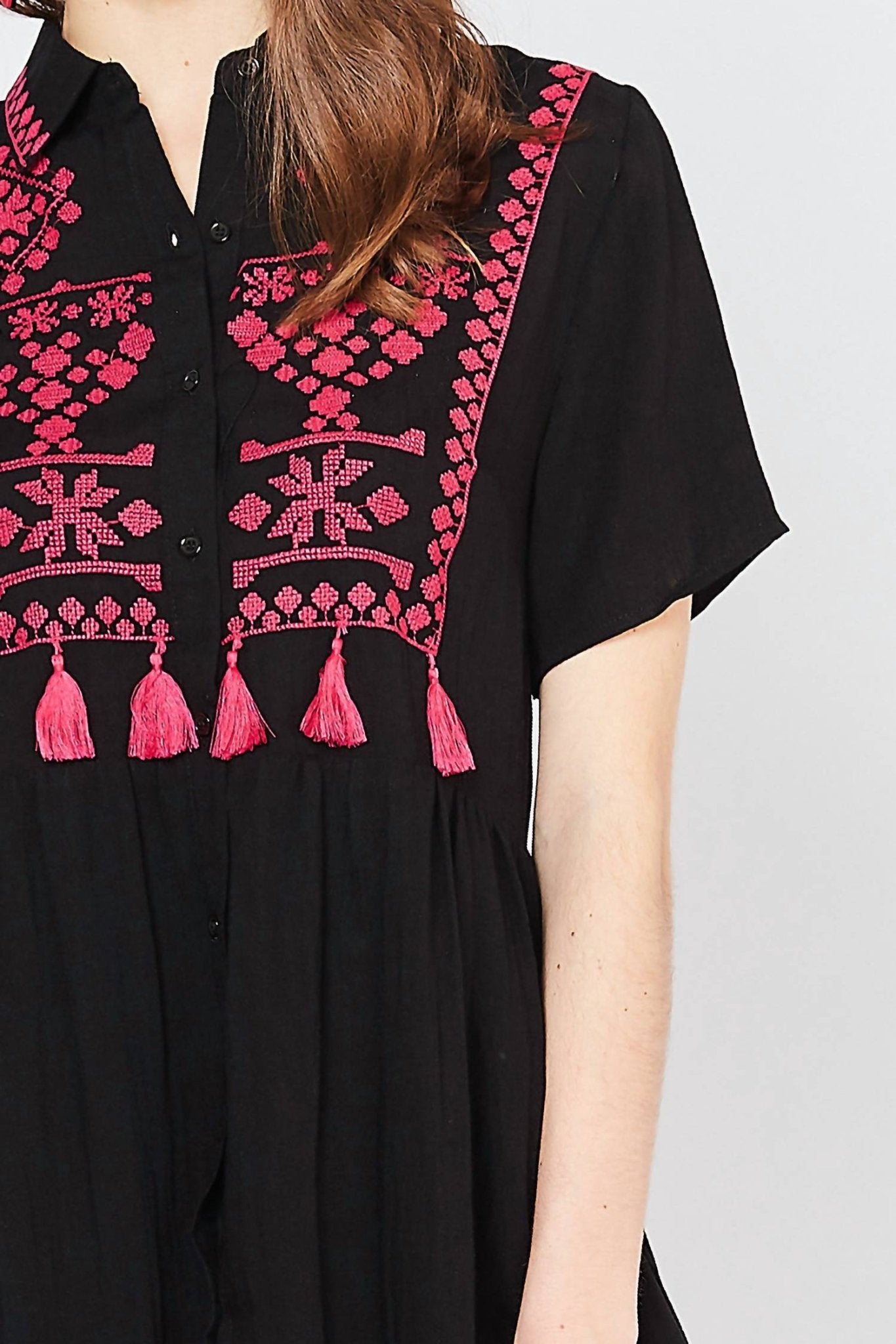 Entro - Embroidered & Tassel Mini Dress - black - clothing - cotton - blend