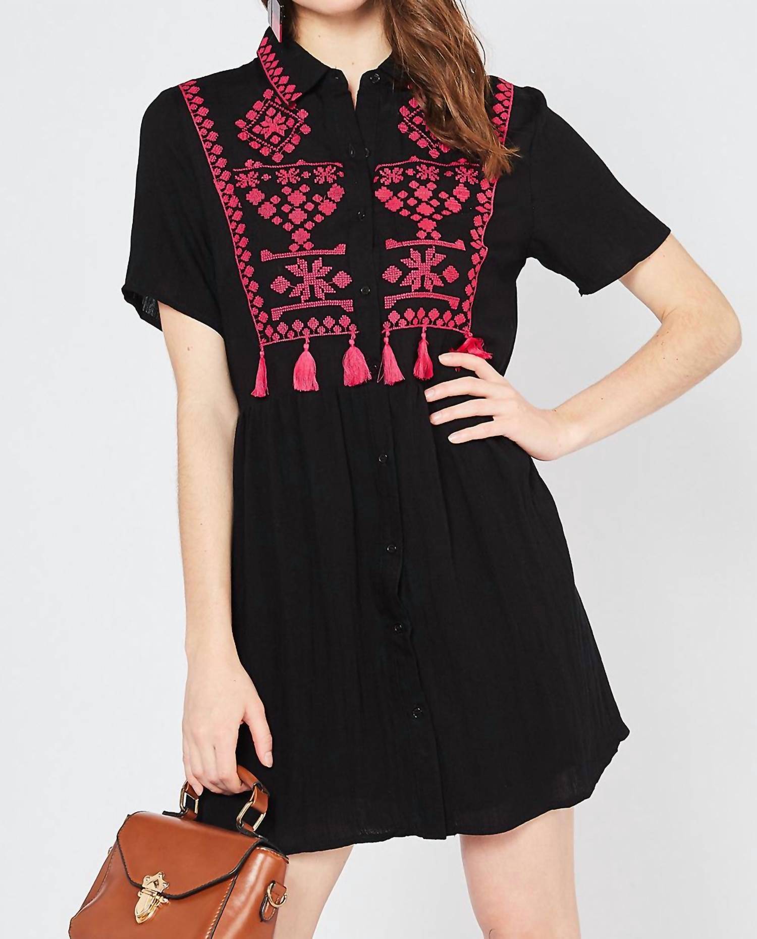Entro - Embroidered & Tassel Mini Dress - black - clothing - cotton - blend
