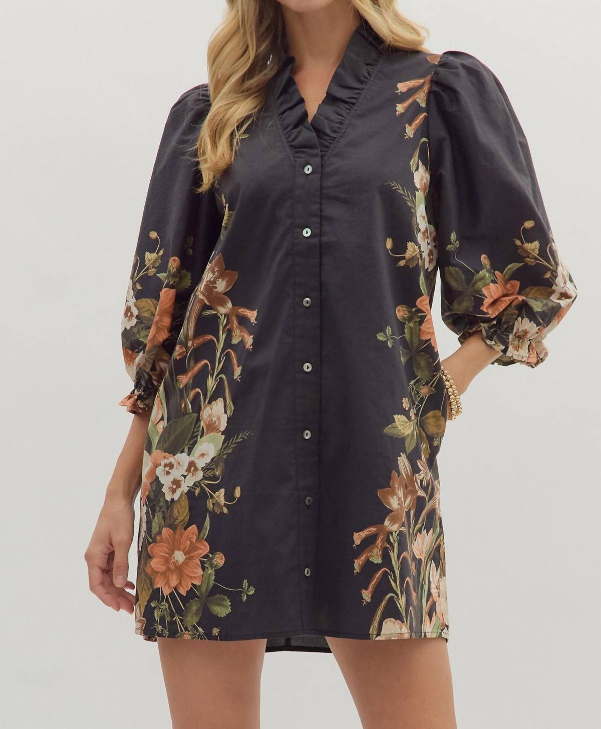 Entro - Floral Design Button Down Dress