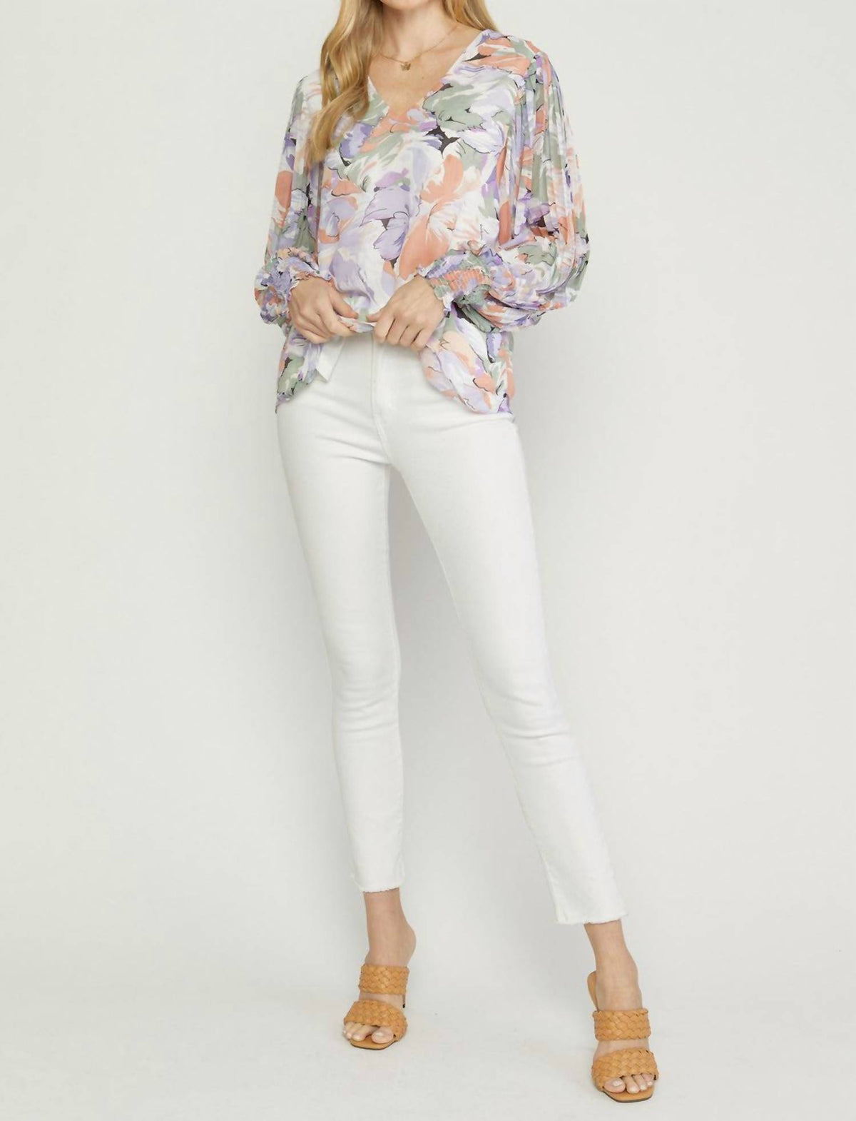 Entro - Floral Pleated Sleeve Blouse