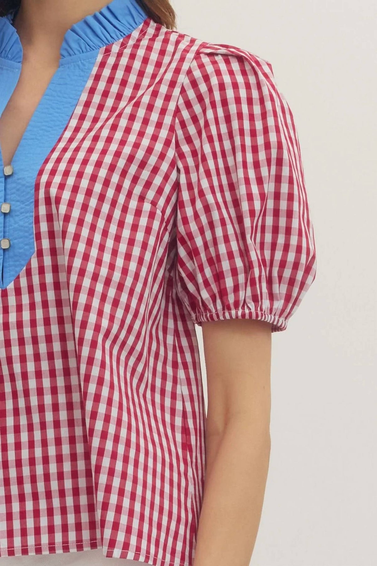 Entro - Gingham Puff Sleeve Top
