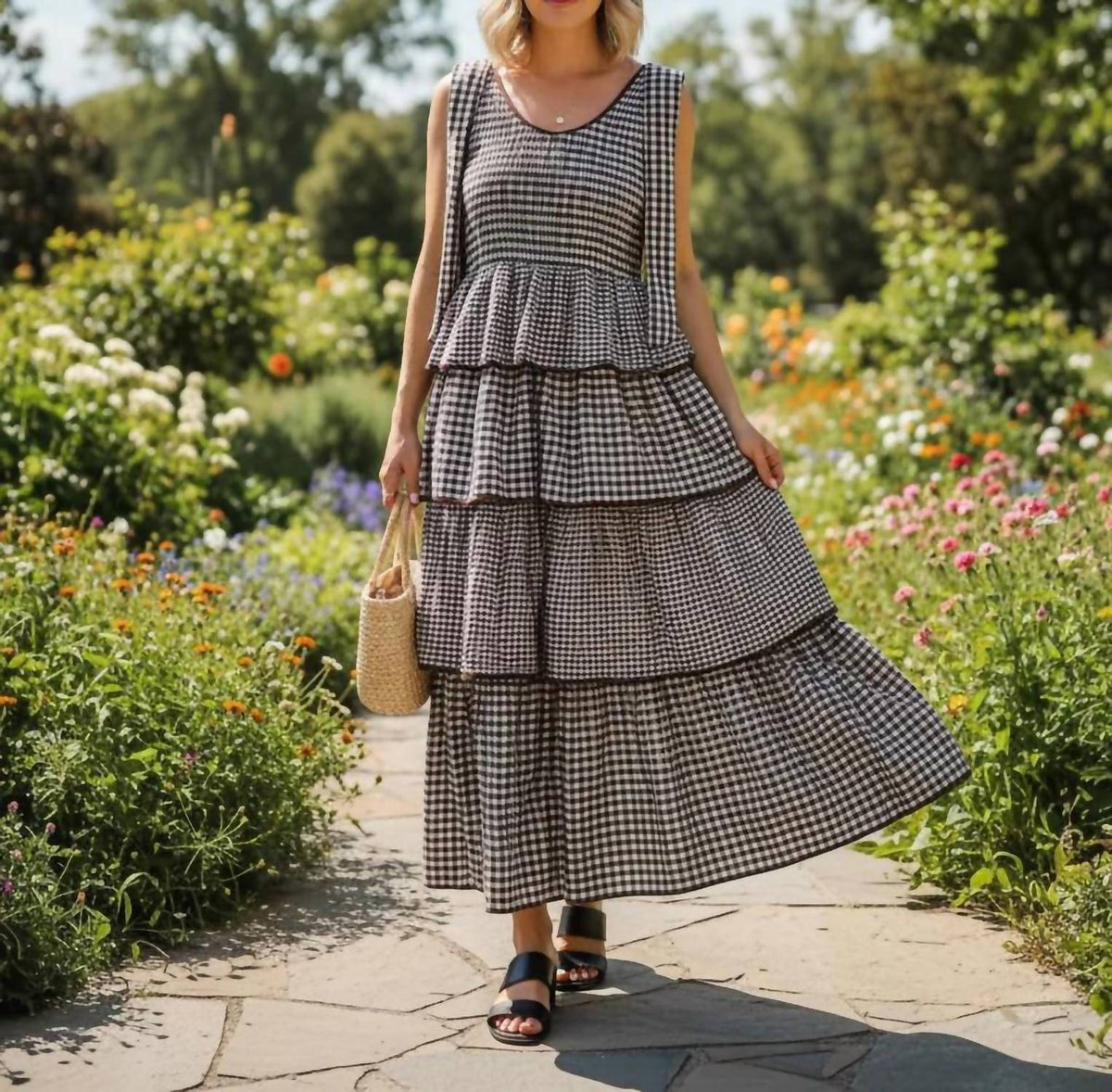 Entro - Gingham Tiered Midi Dress