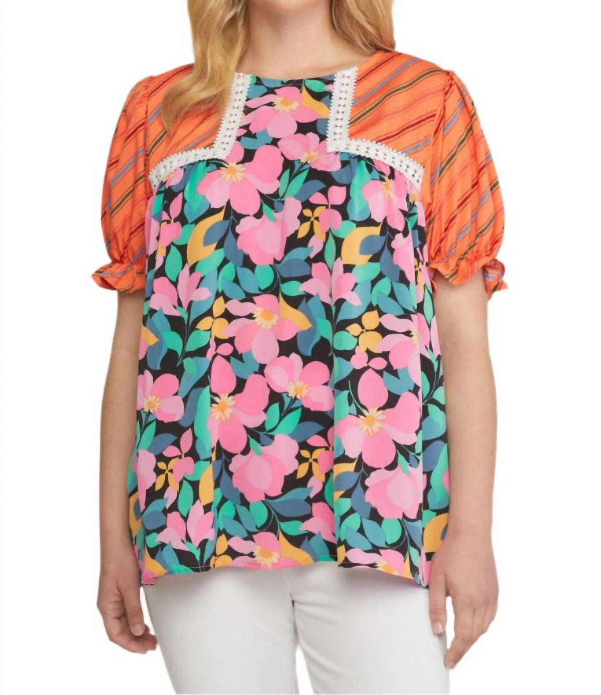 Entro - Mixed Print & Lace Blouse - Plus