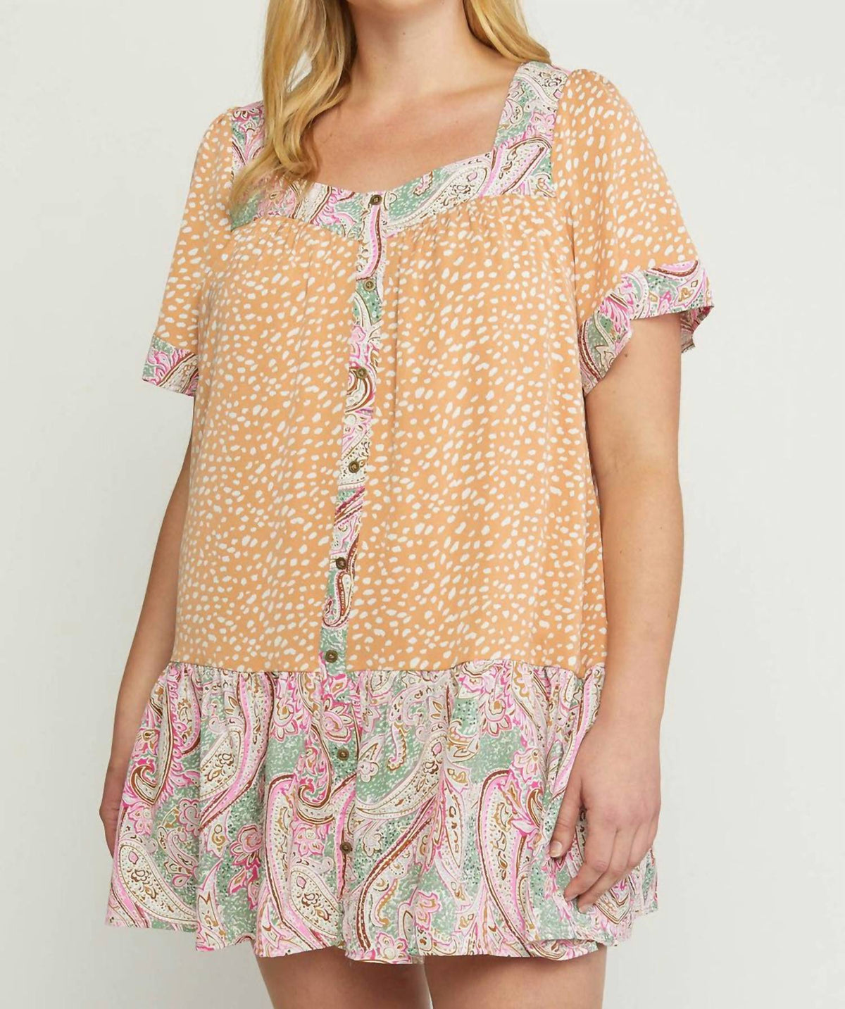 Entro - Mixed Print Square Neck Dress - Plus