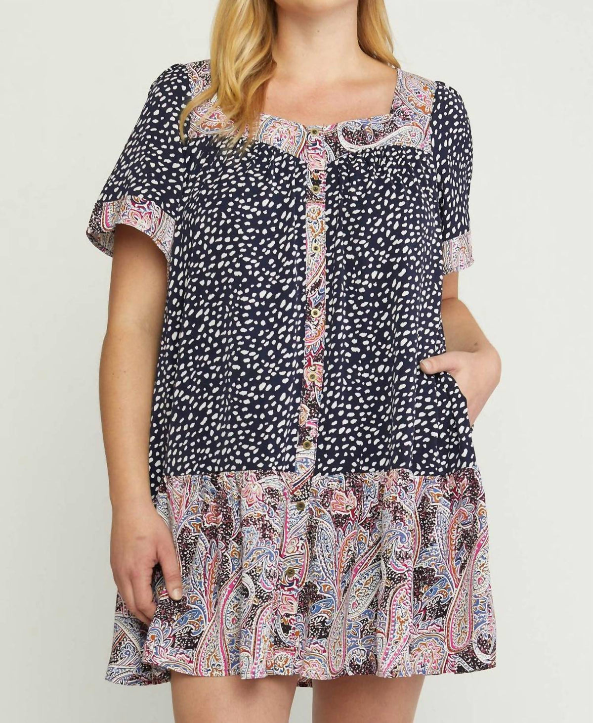 Entro - Mixed Print Square Neck Dress - Plus