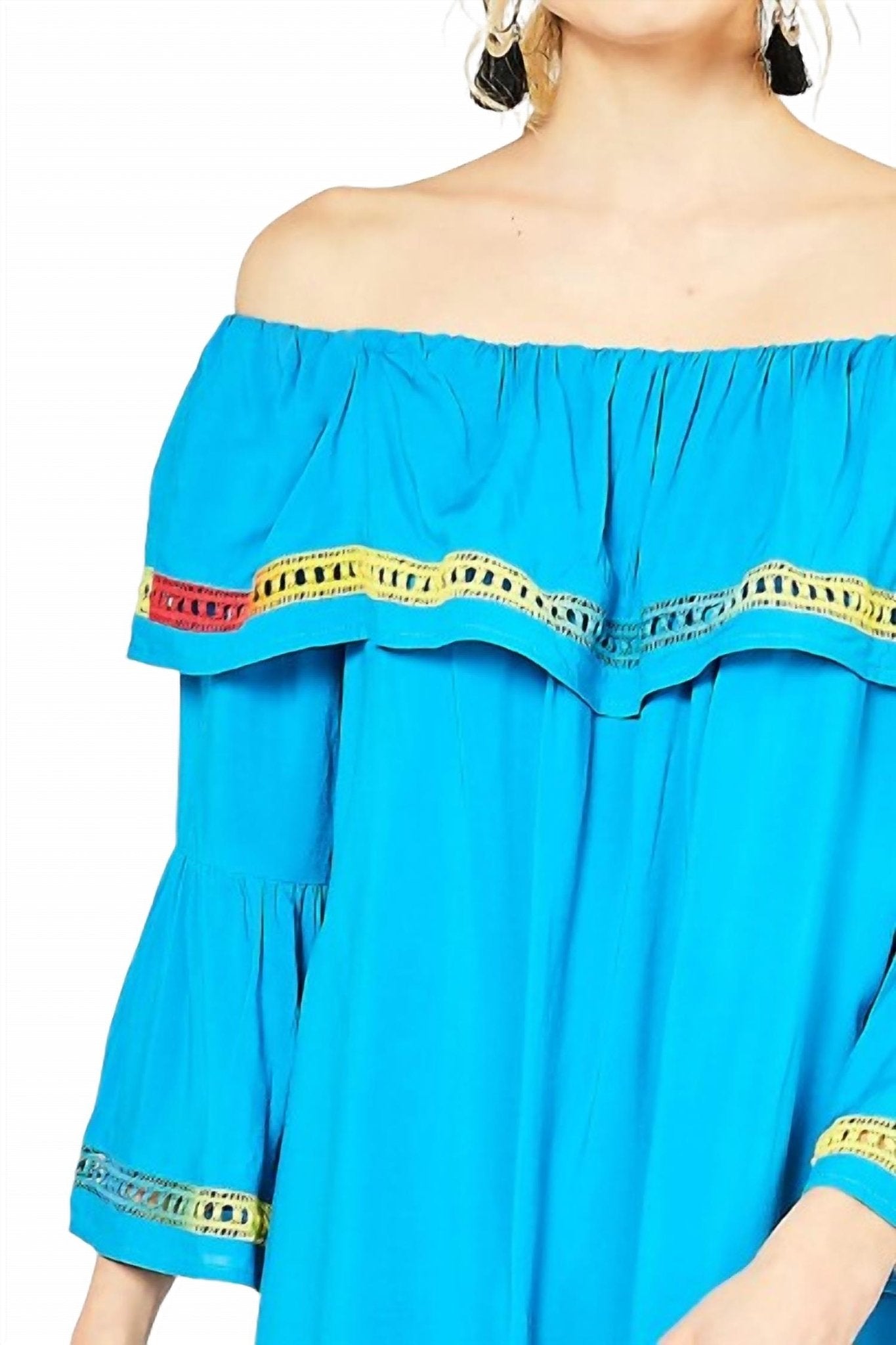 Entro - Off The Shoulder Bell Sleeve Dress - blue - clothing - dresses