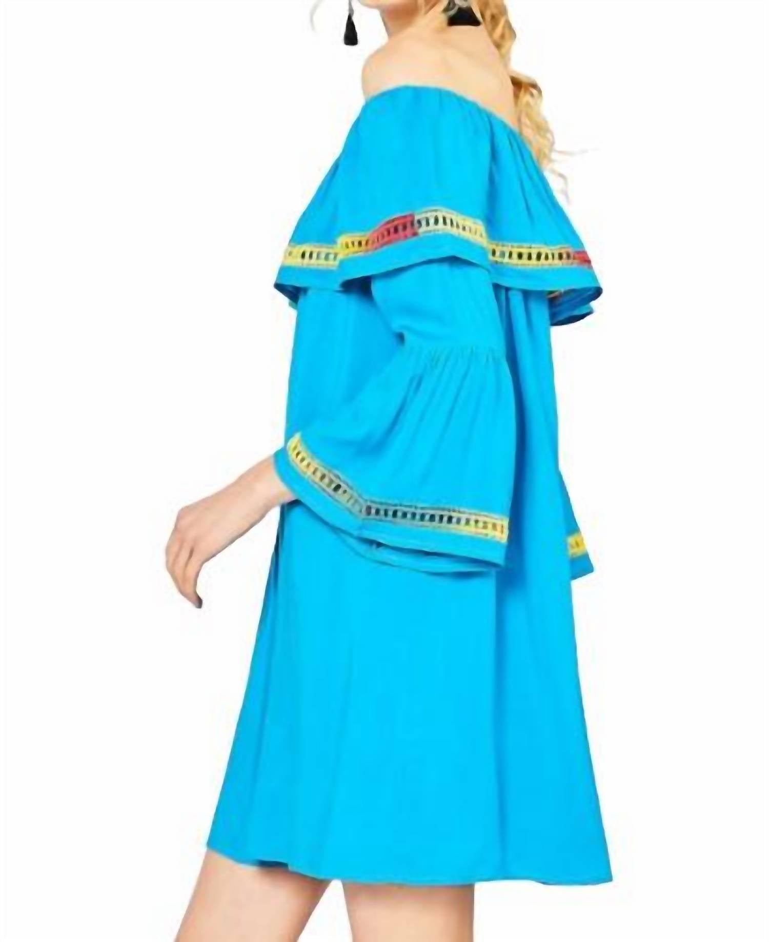 Entro - Off The Shoulder Bell Sleeve Dress - blue - clothing - dresses