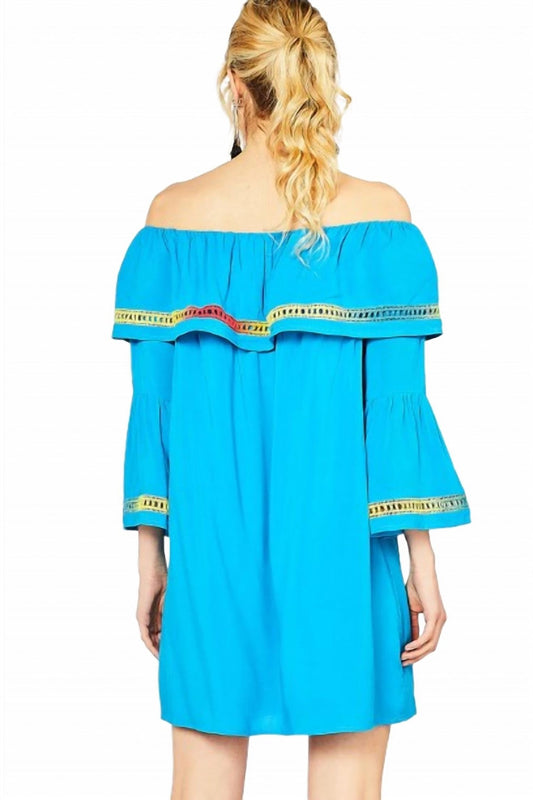 Entro - Off The Shoulder Bell Sleeve Dress - blue - clothing - dresses