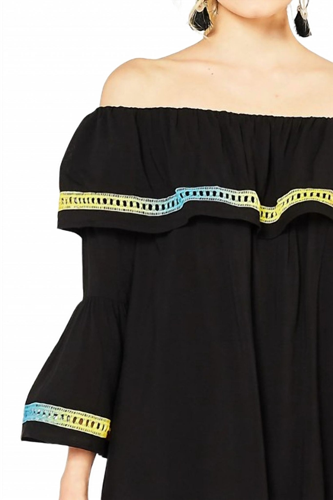Entro - Off The Shoulder Bell Sleeve Dress - black - clothing - dresses