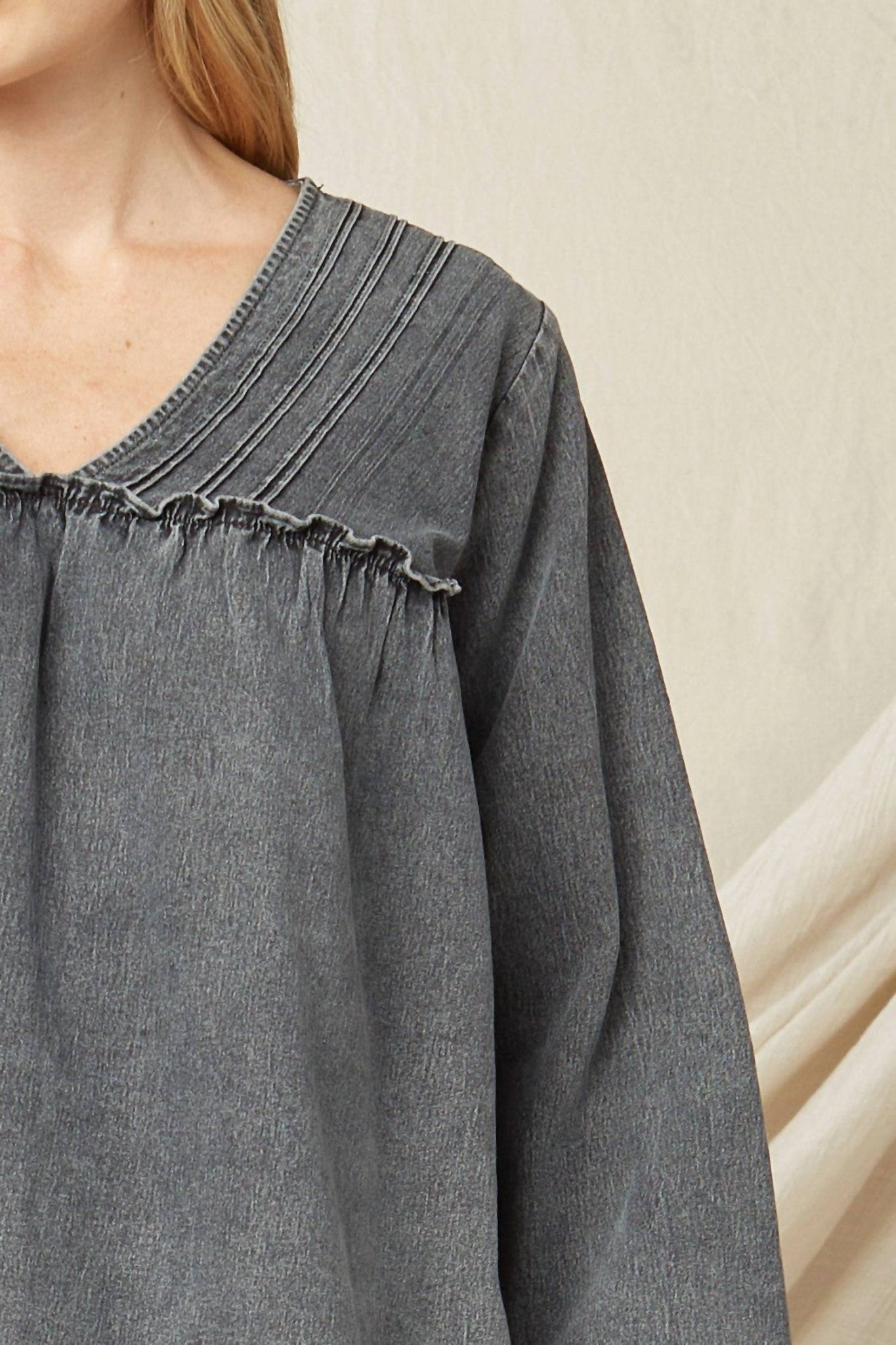 Entro - Ruffled V - neck Top - black - blouses - clothing