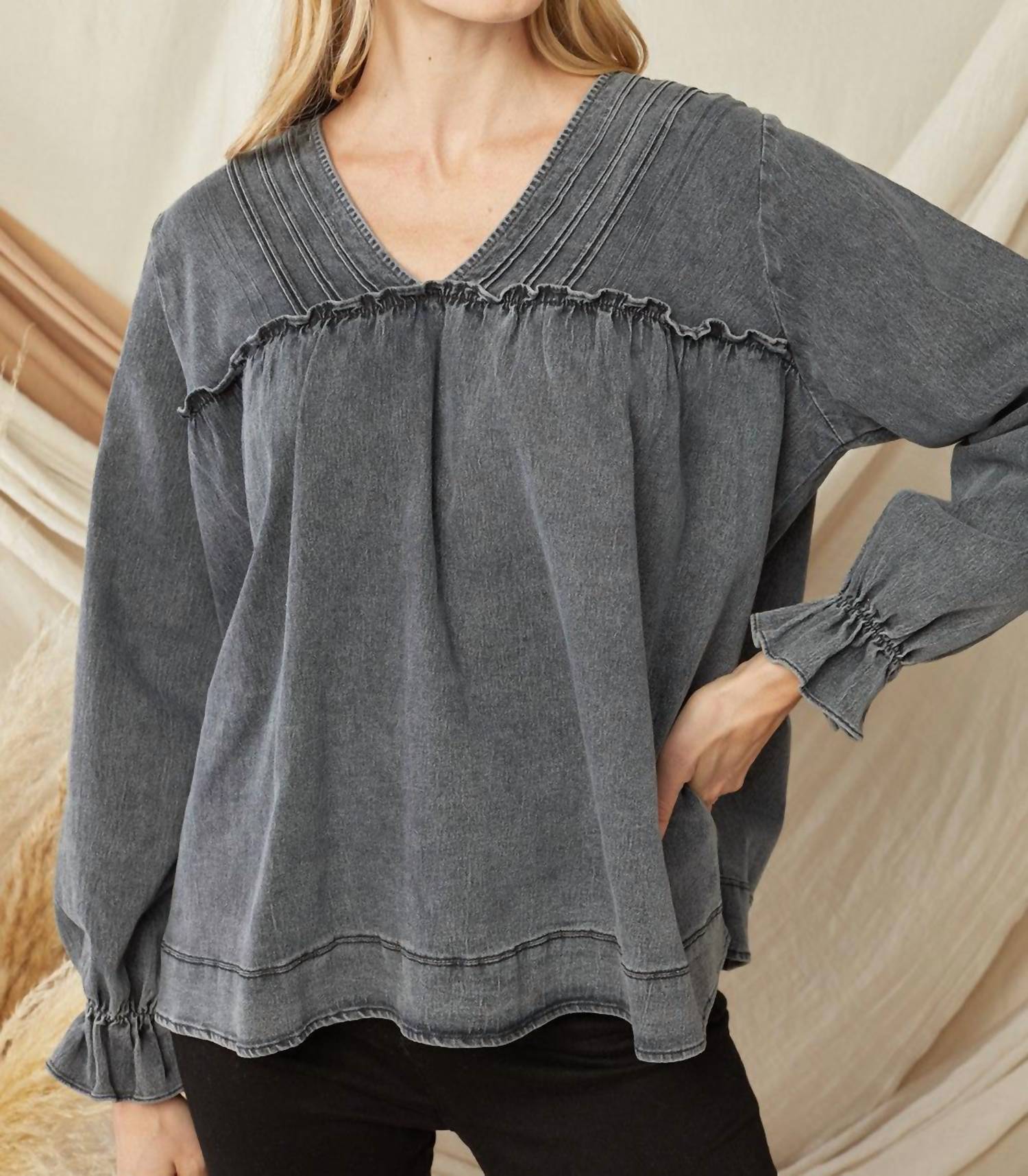 Entro - Ruffled V - neck Top - black - blouses - clothing