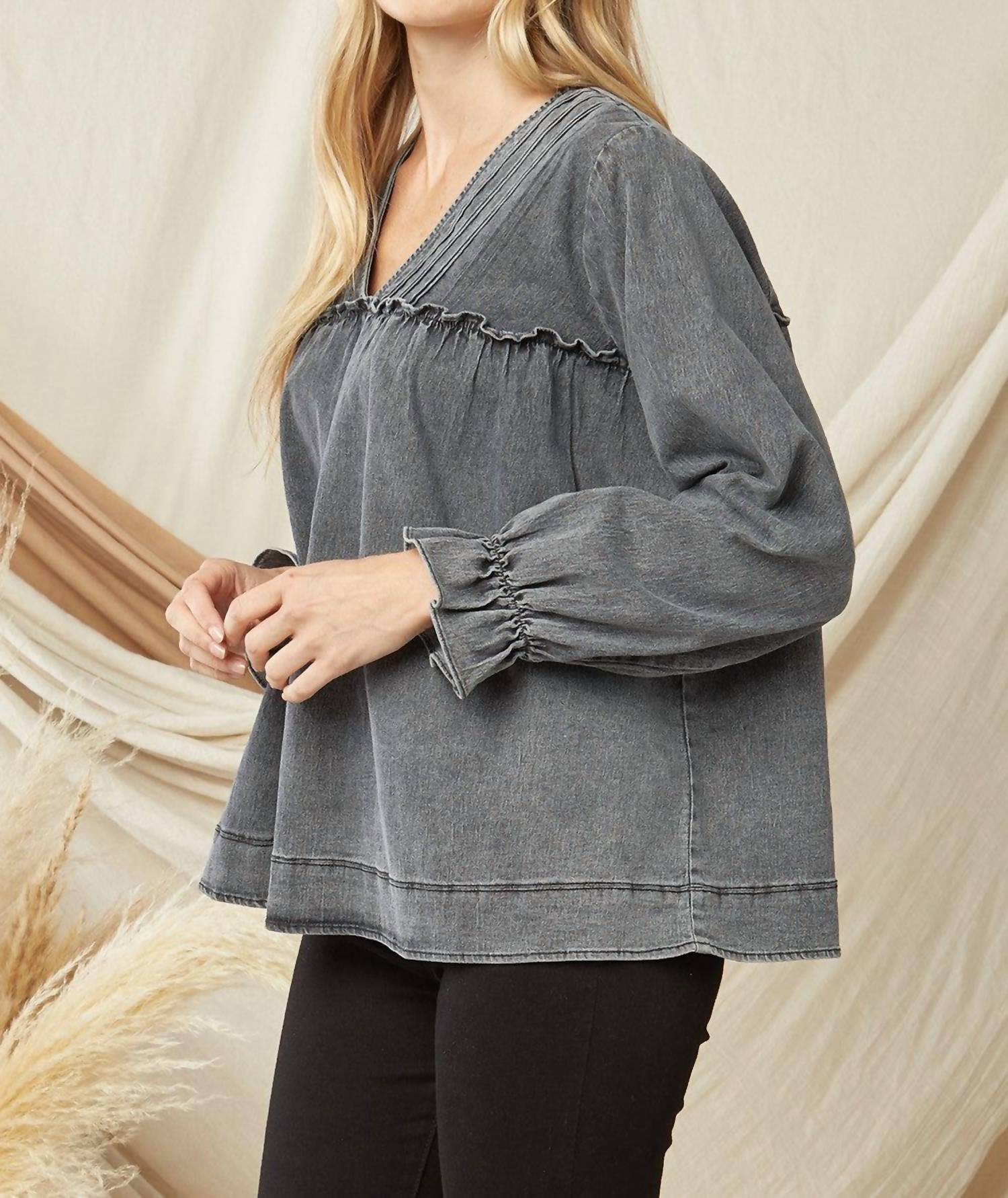 Entro - Ruffled V - neck Top - black - blouses - clothing