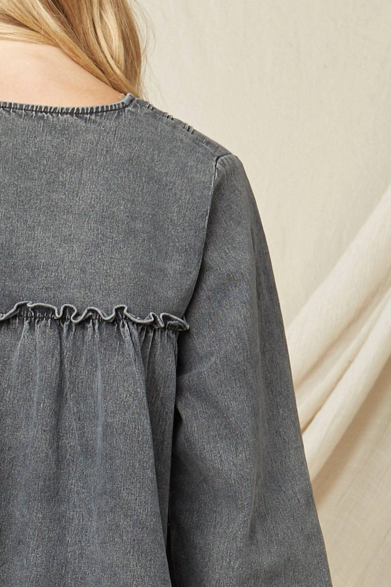 Entro - Ruffled V - neck Top - black - blouses - clothing