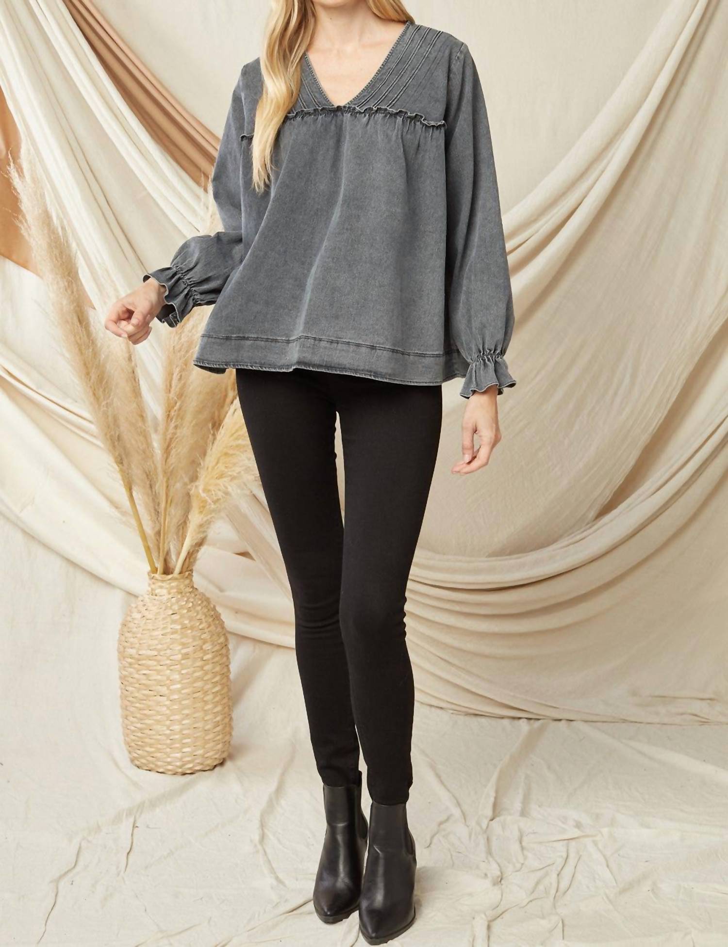 Entro - Ruffled V - neck Top - black - blouses - clothing