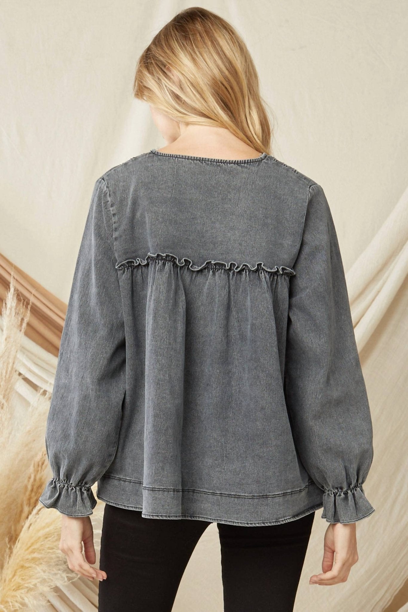 Entro - Ruffled V - neck Top - black - blouses - clothing