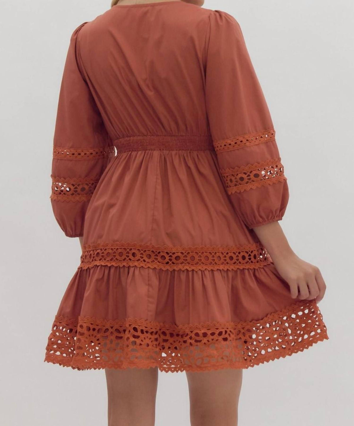 Entro - Rust Lace Inset Smocked Waist Short Dress