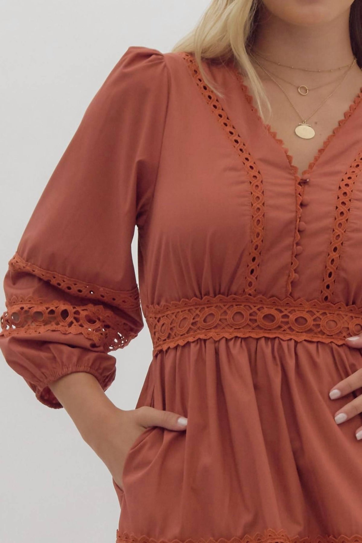 Entro - Rust Lace Inset Smocked Waist Short Dress
