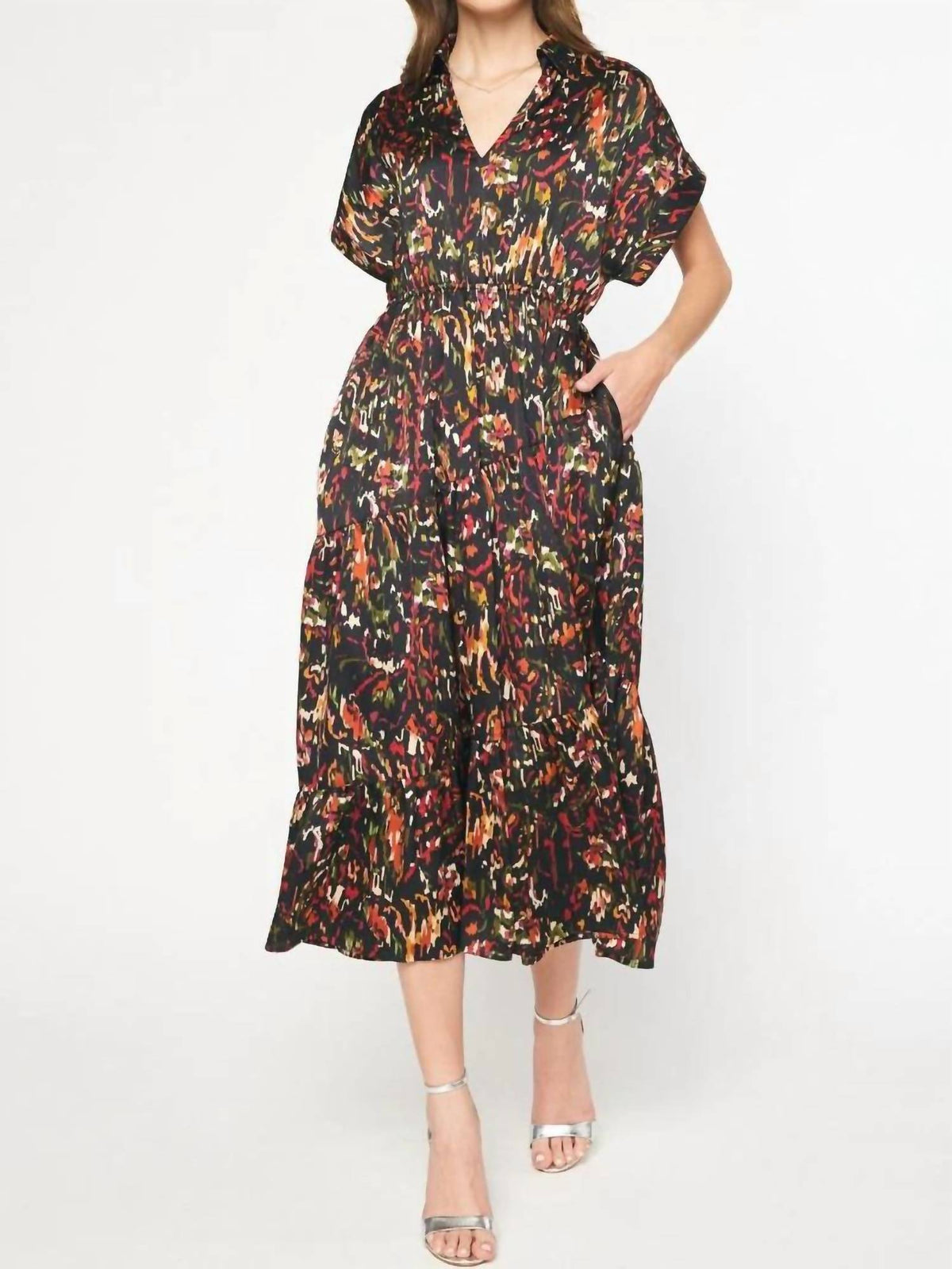 Entro - Satin Printed Midi Dress