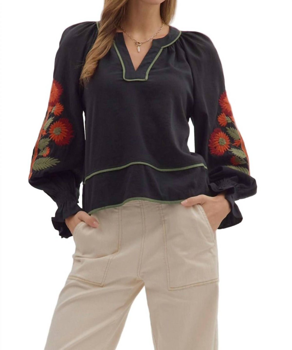 Entro - Solid Long Puff Sleeve Top