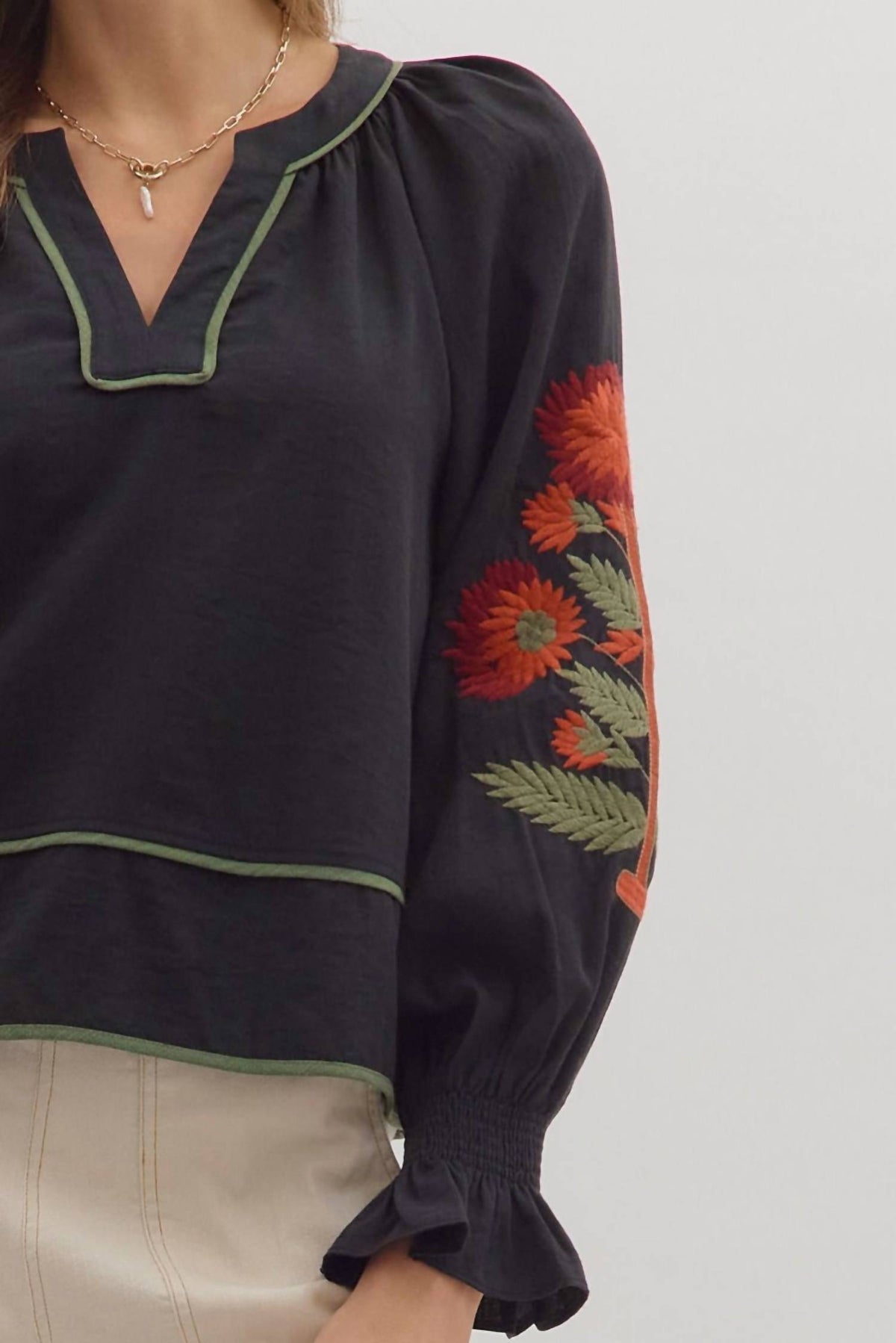 Entro - Solid Long Puff Sleeve Top