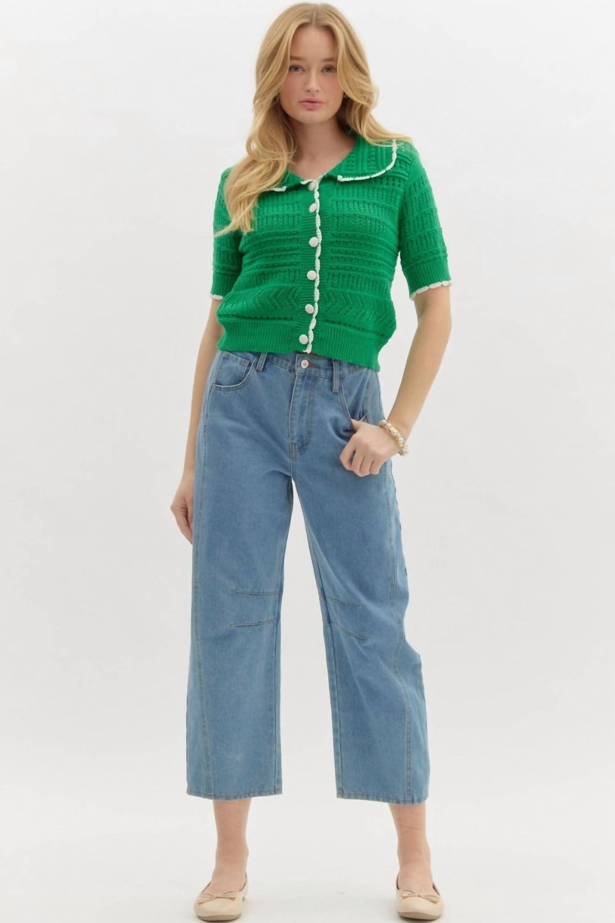 Entro - Solid Pointelle Sweater Knit Top