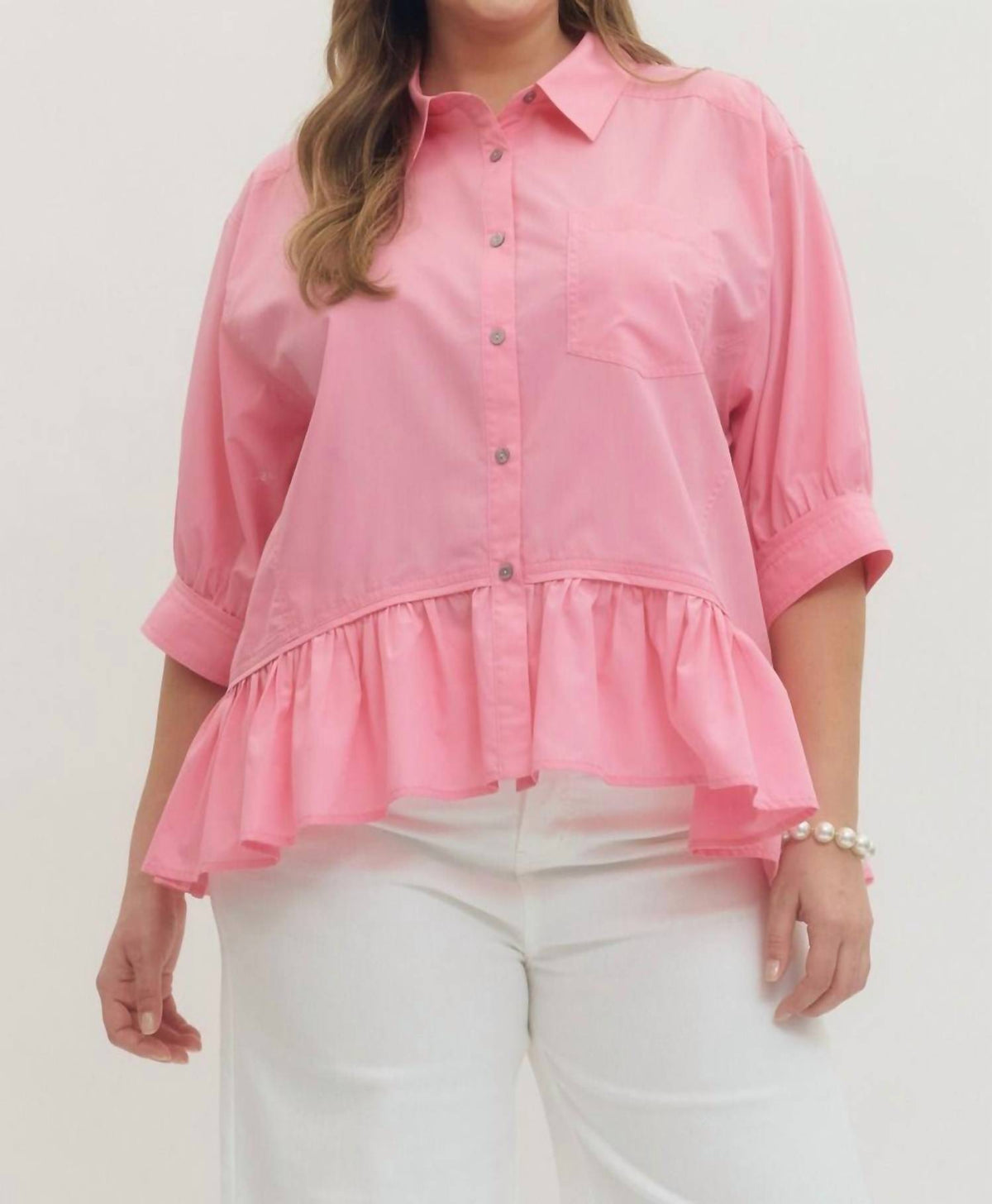 Entro - Quarter Sleeve Button Down Ruffle Hem Blouse - Plus