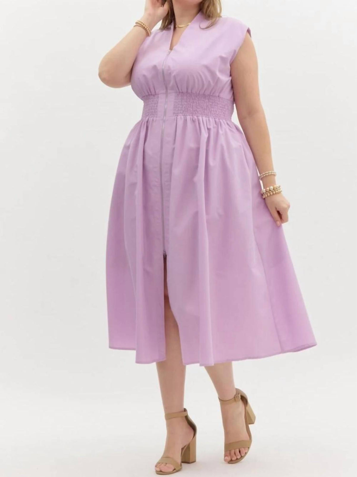 Entro - Solid V-neck Sleeveless Midi Dress
