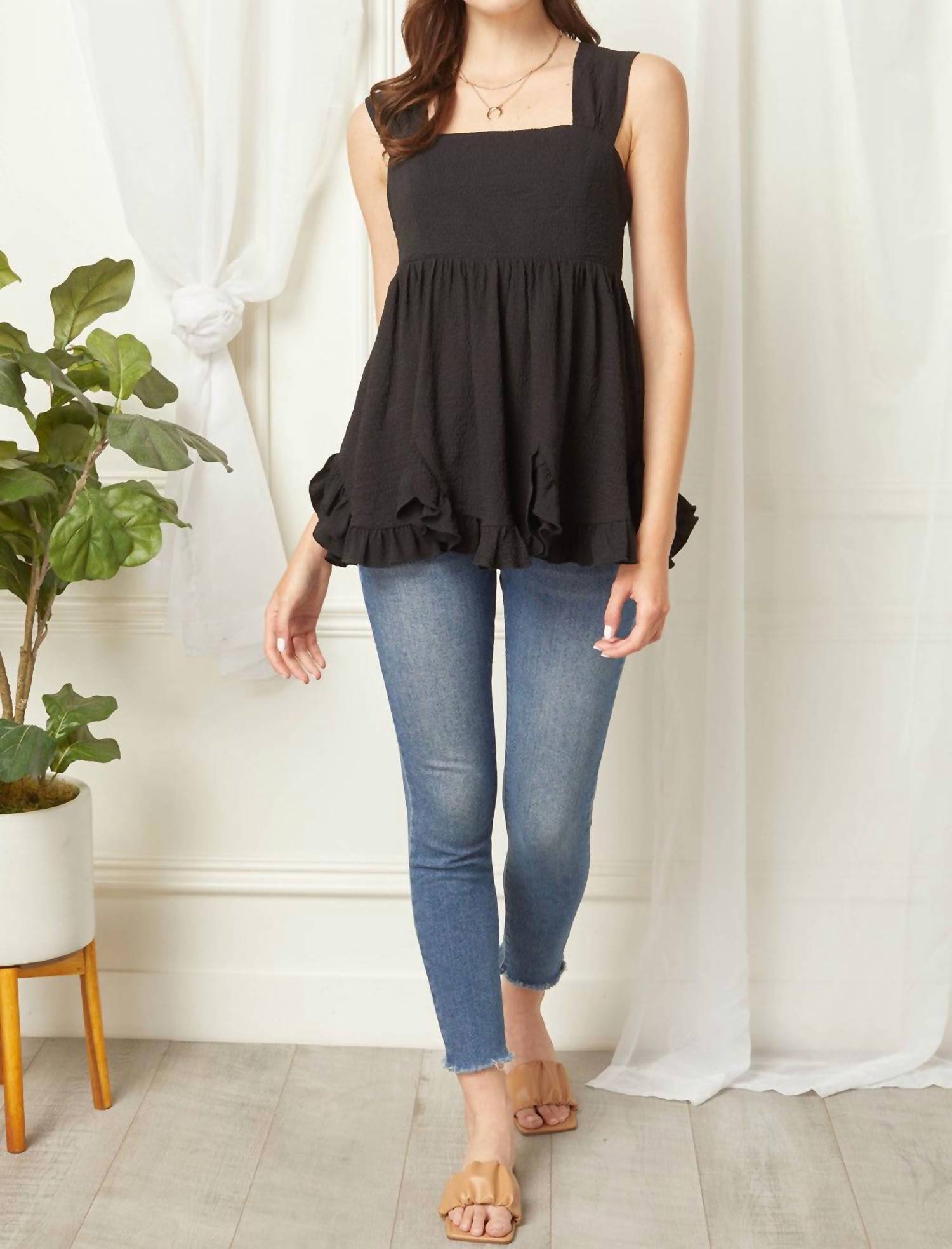 Entro - Square Neck Babydoll Top - black - blouses - clothing