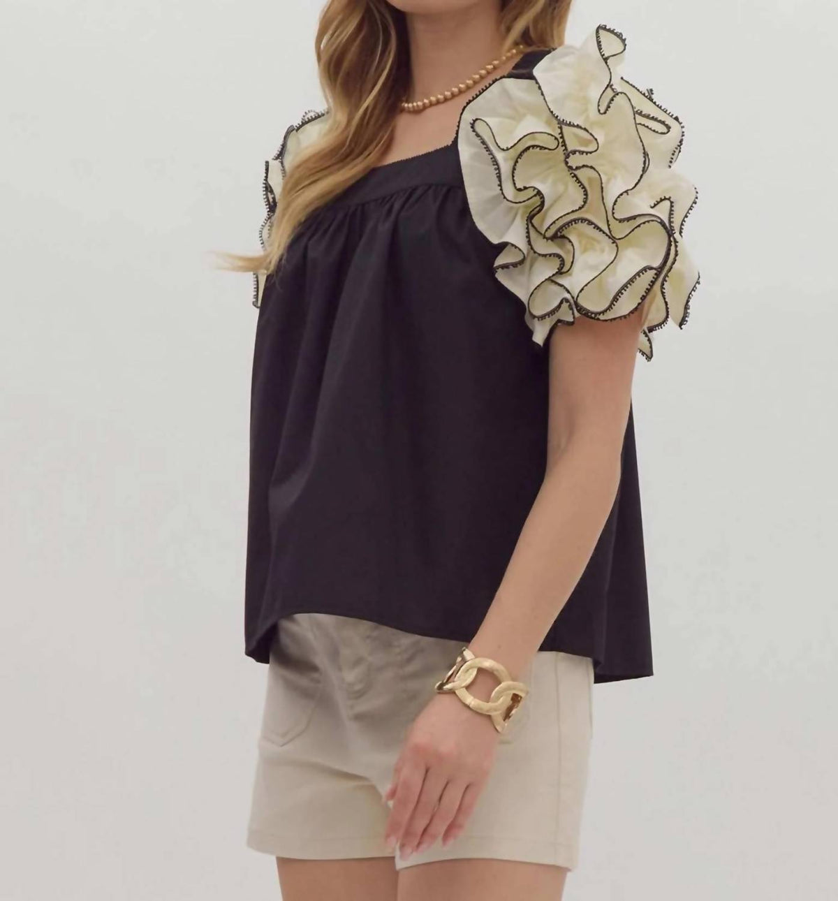 Entro - Square Neck Damatic Ruffle Sleeve Top