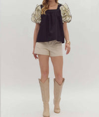 Entro - Square Neck Damatic Ruffle Sleeve Top