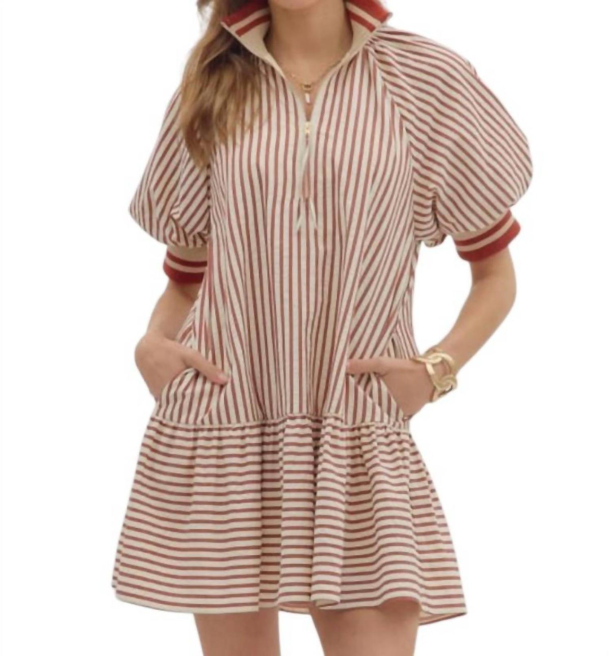Entro - Stripe Ruffle Hem Zip Front Dress