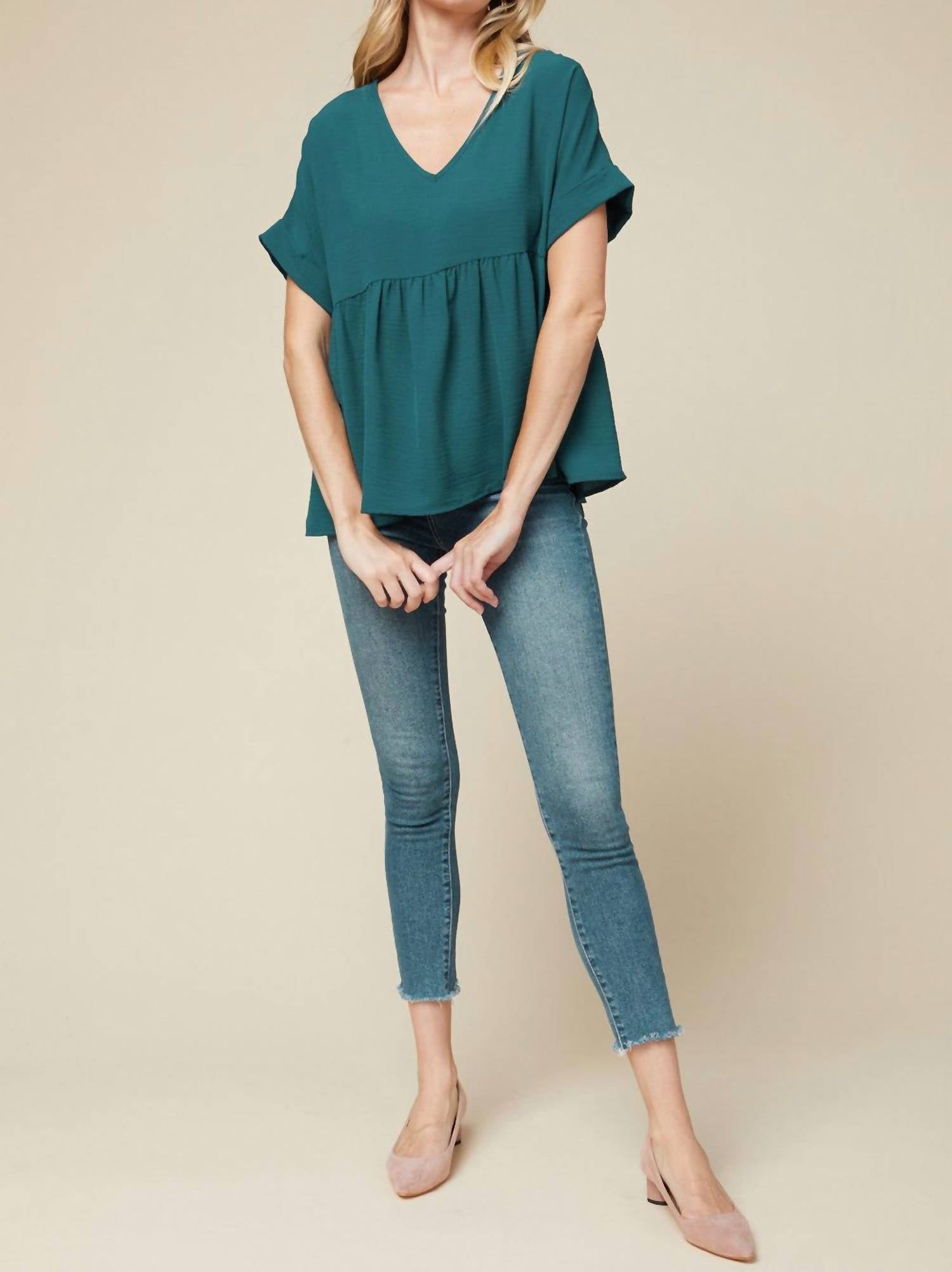 Entro - Textured Babydoll Top - blouses - clothing - green