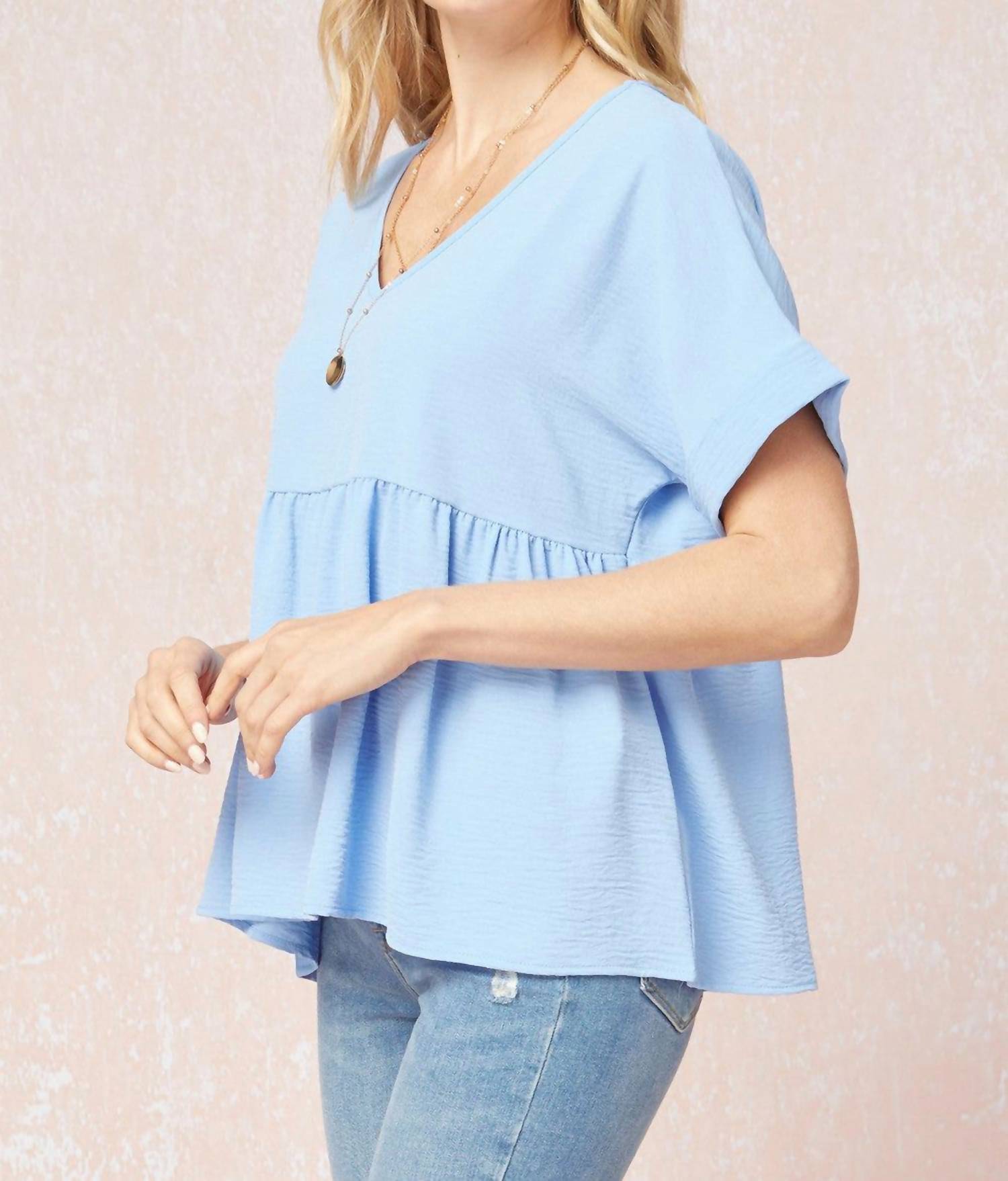 Entro - Textured Babydoll Top - blouses - blue - clothing