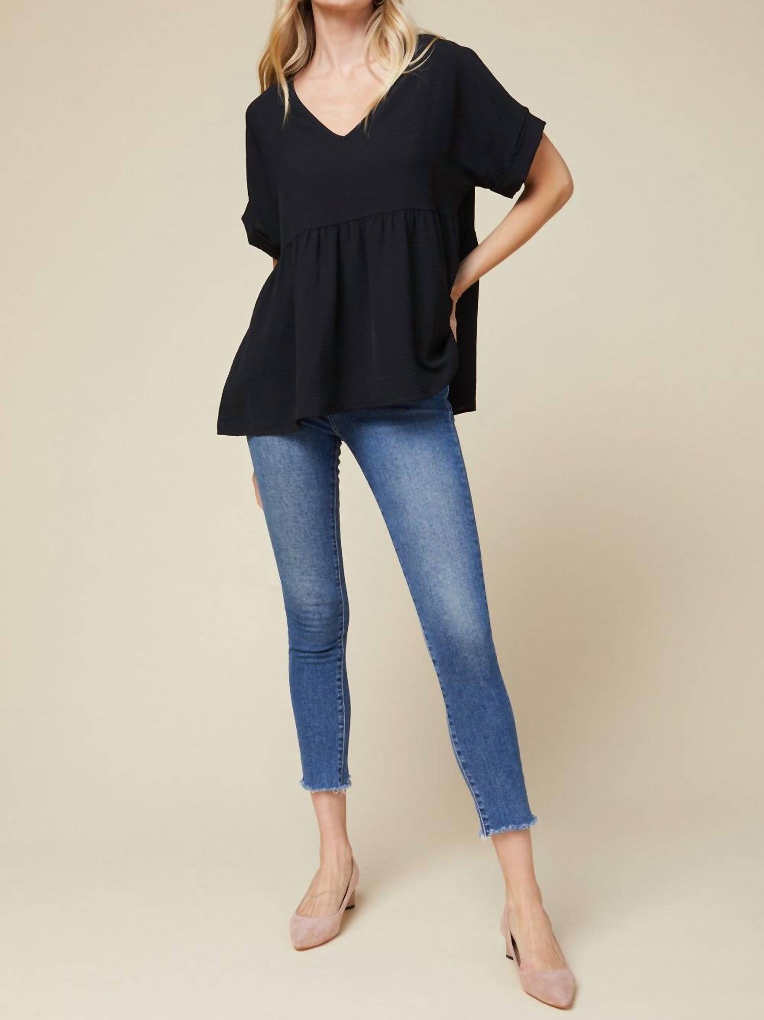 Entro - Textured Babydoll Top - Plus Size - black - blouses - clothing