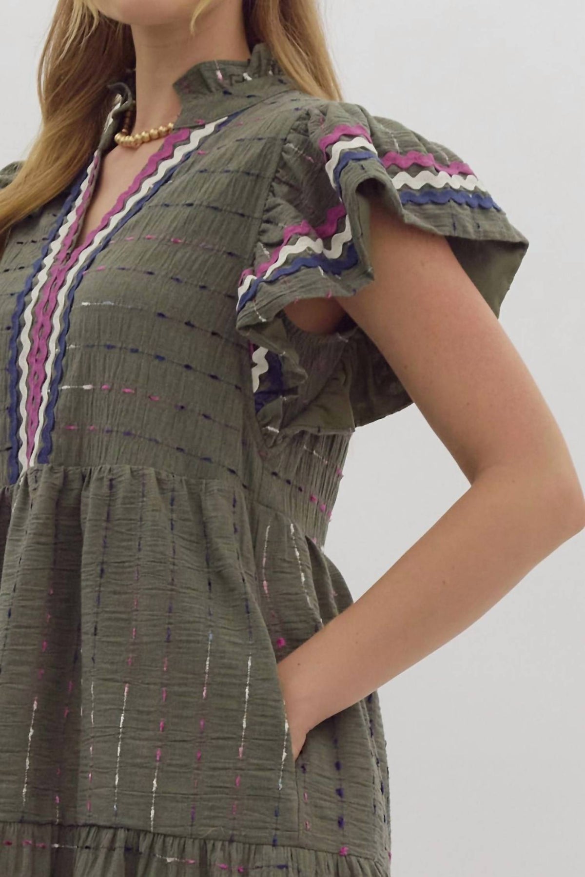 Entro - Textured Mini Dress With Multi Color Ric Rac Trim