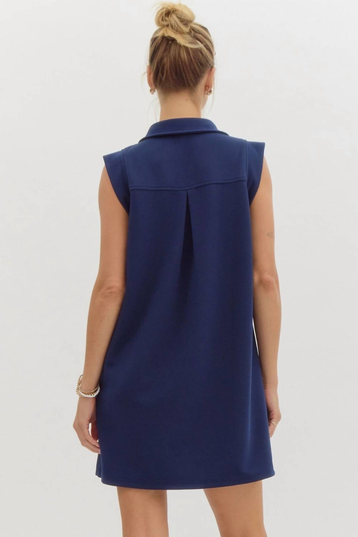 Entro - Textured Solid V Neck Dress