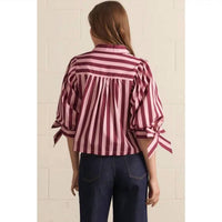 Entro - Tie Sleeve Striped Button Up Blouse