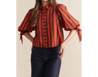 Entro - Tie Sleeve Striped Button Up Blouse