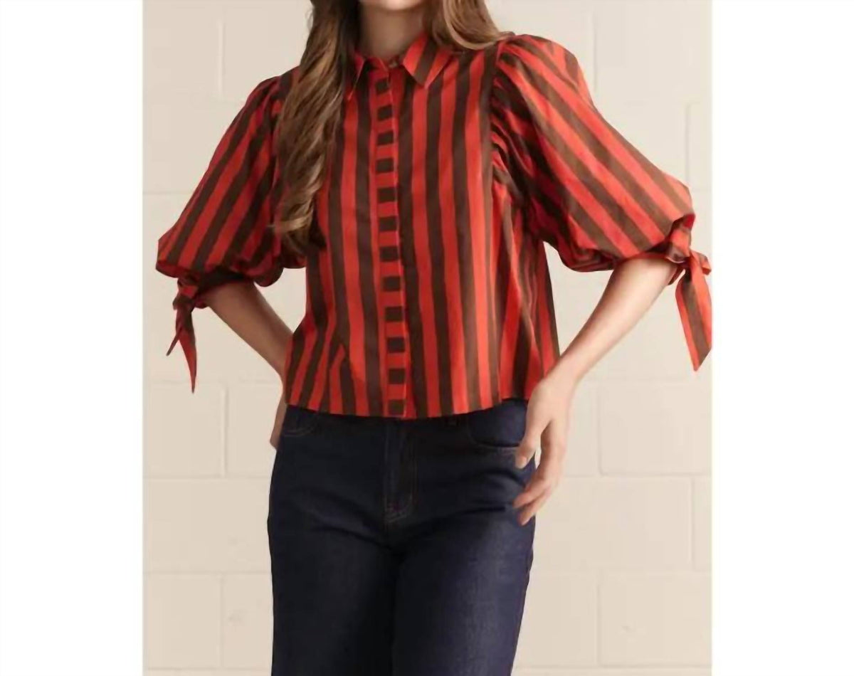 Entro - Tie Sleeve Striped Button Up Blouse