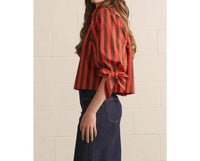 Entro - Tie Sleeve Striped Button Up Blouse