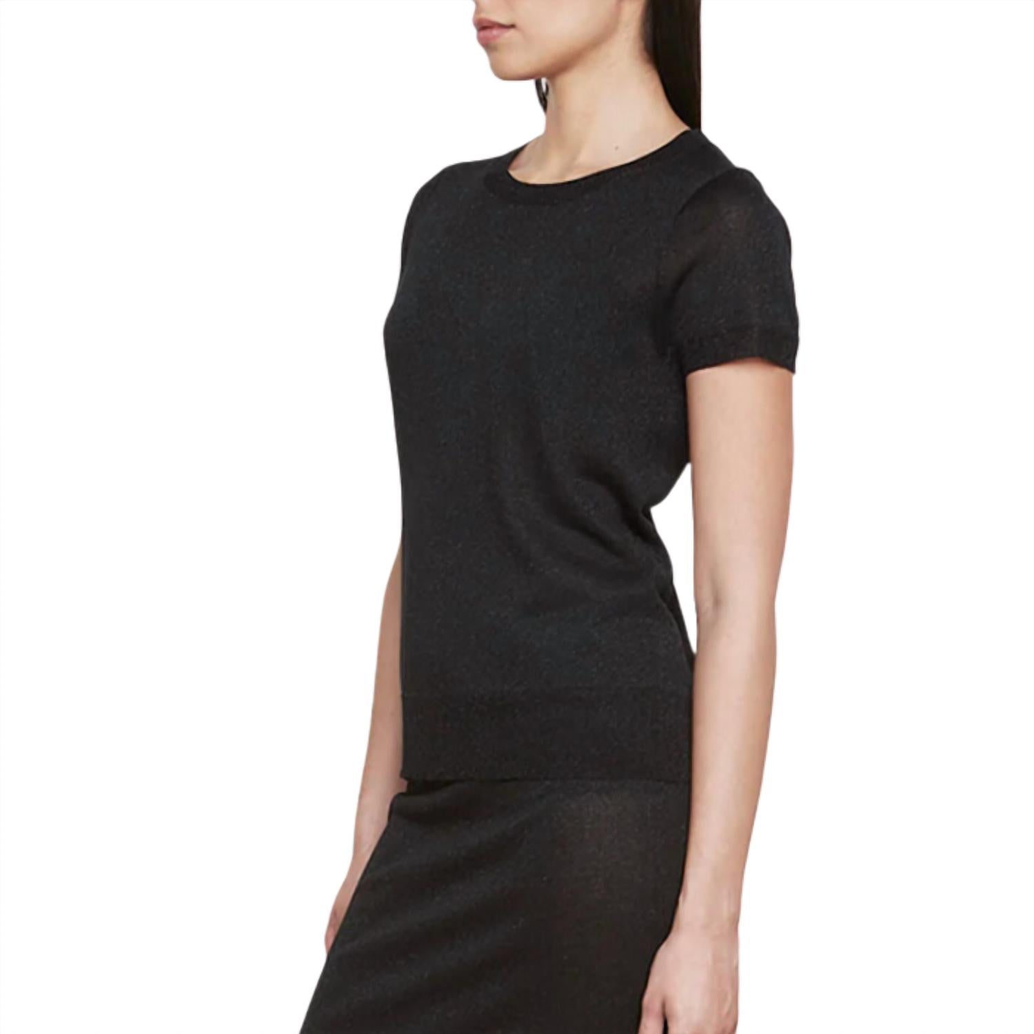 Enza Costa - Costa Lamé Short Sleeve Sweater - black - clothing - crew