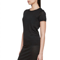 Enza Costa - Costa Lamé Short Sleeve Sweater - black - clothing - crew