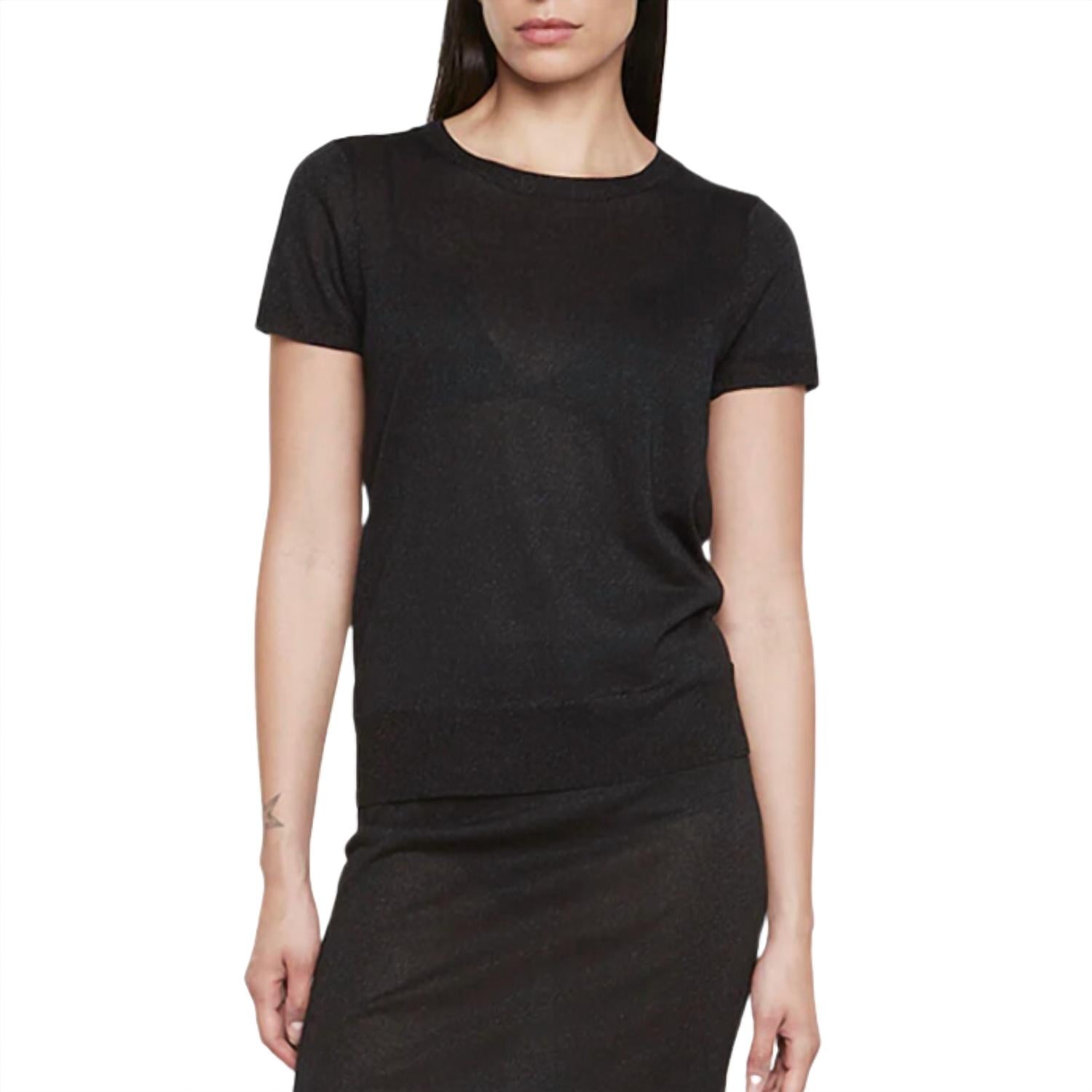 Enza Costa - Costa Lamé Short Sleeve Sweater - black - clothing - crew