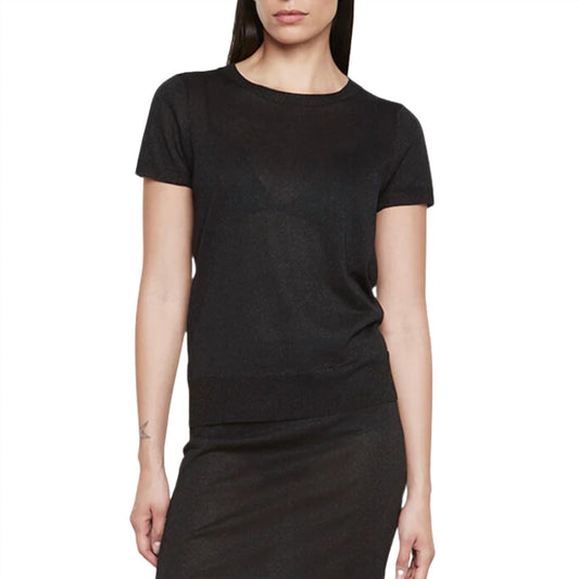 Enza Costa - Costa Lamé Short Sleeve Sweater - black - clothing - crew