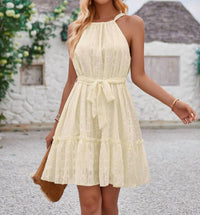 Epretty - Textured Embroider Print Belted Halter Dress - beige - clothing - dresses