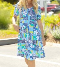 Escape By Habitat - Island Hand Block Bistro Dress - blue - camouflage - clothing