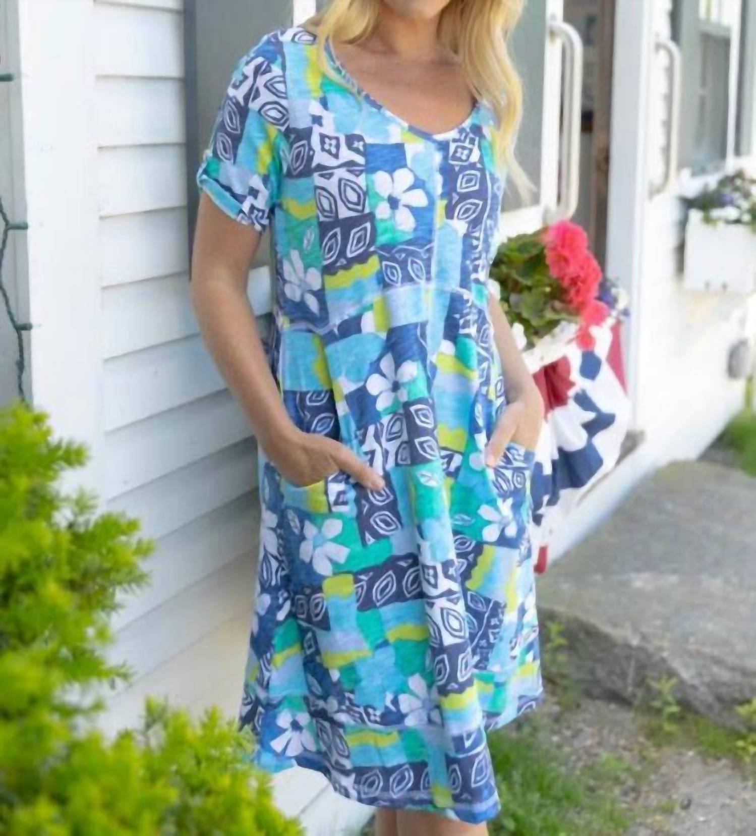 Escape By Habitat - Island Hand Block Bistro Dress - blue - camouflage - clothing